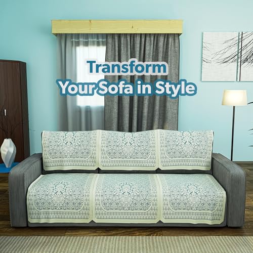 Image of Kuber Industries (Set of 6) Durable 3 Seater Sofa Covers for Living Room | Easy Machine Washable SOFE ke Cover for Protection & Comfort for Home | Floral Design - Aqua & White