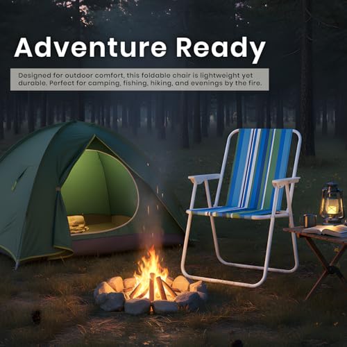 Image of ORILEY Folding Beach Chair with Arm Rest Portable Lightweight Rainbow Stripped Foldable Fishing Chairs for Travelling Picnic & Outdoor Camping Hiking (Medium, Blue and Green Stripe)