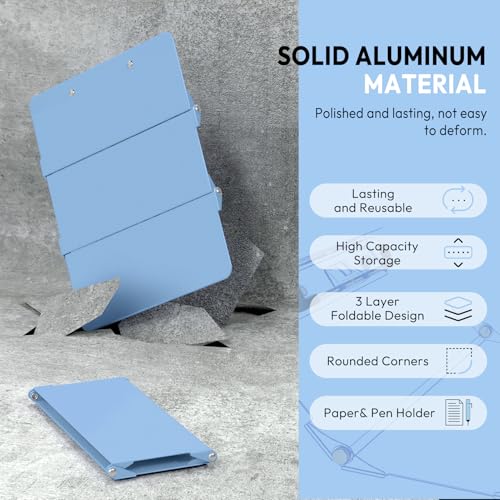 Image of Nursing Clipboard Foldable Without Edition Cheat Charts, 3 Layers Aluminum, Nurse Board w /Low Profile Clip&Pen Clip Pocket, Light Blue