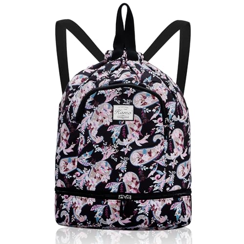 Image of Kamo Drawstring Backpack Bag - Sport Swimming Yoga Backpack with Shoe Compartment, Two Water Bottle Holder for Men Women Large String Backpack Athletic Sackpack for Travel