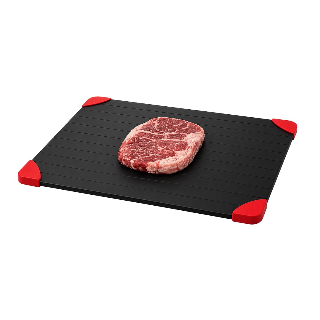 Homiely Defrosting Tray (3mm Thickness) - Fast Thawing Tray, Defrosting Board and Plate for Frozen Meat, Chicken, Defrost Thaw Plate (Tray with 4 Red Corners)
