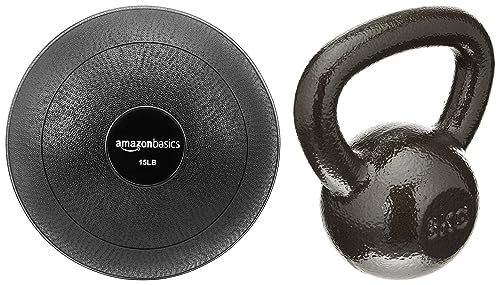 Image of AmazonBasics Cast Iron Kettlebell (8 kg) & AmazonBasics PVC Slam Ball, Smooth Grip, Size: 6.8 kg, Black