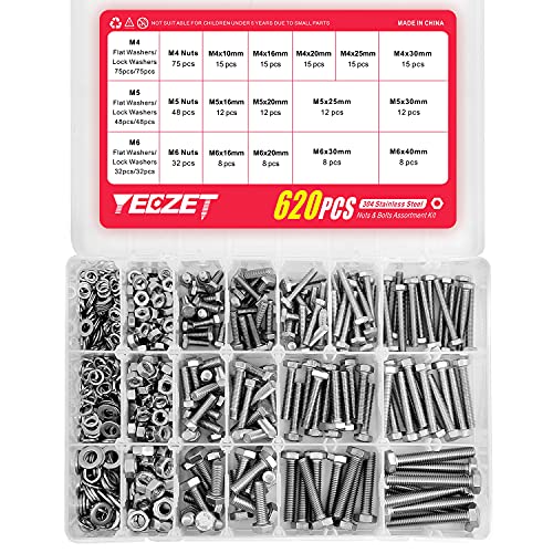 Yeezet 620Pcs M4 M5 M6 Heavy Duty Bolts And Nuts Assortment Kit, 304 Stainless Steel, Includes 13 Most Common Sizes #TOP2