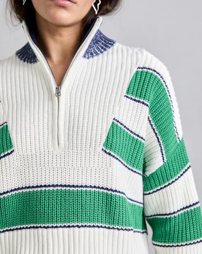 Image of EZAPINE Striped Sweater for Women Cropped Half Zip Stand Collar Casual Long Sleeve Color Block Pullover Tops Green