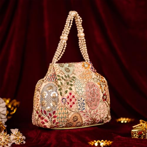 Image of Opulent Pearl Potli Bag, Bridal Wedding Handbag, Designer Beaded Clutch for Women, Festive Ethnic Purse