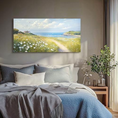 SERIMINO Coastal Landscape Large Wall Art, Country Scenic Canvas Art Wall Decor, Meadow Wildflowers Nature Art Prints, Rustic House Decorations Living Room Bedroom Above Bed Wall Pictures 24"X48"