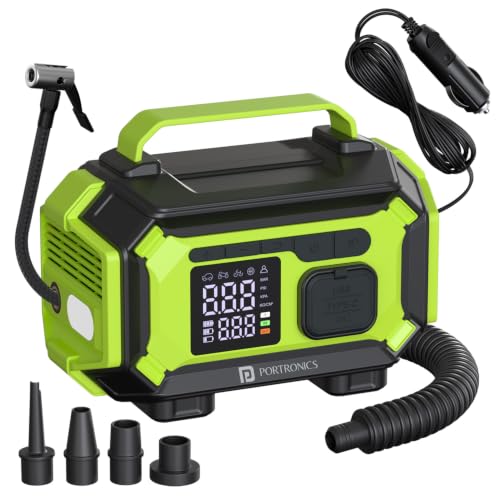 Image of Portronics Vayu Air Pro 5-in-1 Portable Tyre Inflator, Corded & Cordless, Inflate & Deflate, 5W USB Output, 150 PSI, 6000mAh Battery, Auto Shut-Off, LED Display, for Car, Bike & Inflatables (Green)