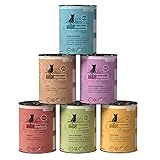 Multi Pack 1 compuesto de 6 latas de 400 g con las variedades: N° 3 aves de corral, N° 5 salmón, N° 7 ternera, N° 9 salvaje, N° 11 cordero y conejos, N° 13 arenque y langostinos. Sin conservantes.