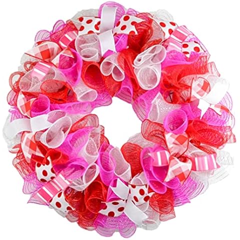 Valentine's Day Wreath, Front Door Wreaths for February, Valentines Mesh Door Wreath; Red Pink White : V1 Cover