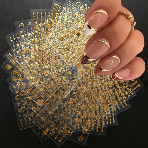 120 Mini Sheets Gold Nail Art Decals - Non-Repeating Stars, Geometric Lines, Letters, Flowers, Snowflakes, French Designs - Gel Stickers for Nail Decoration