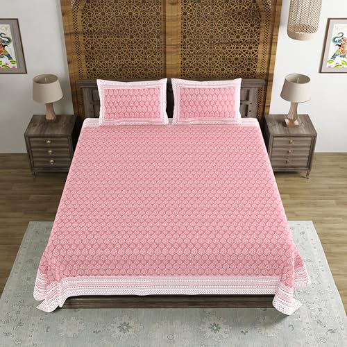 Image of BLOCKS OF INDIA Hand Block Printed 200 TC Cotton Super King Size Bedsheet (Pink DOT)