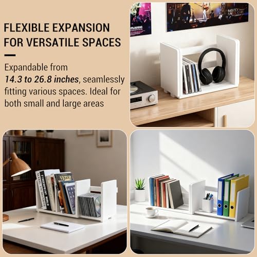 MyGift White Wood Desktop Bookshelf Organizer, Expandable Adjustable Display Shelf Book Rack - Image 5