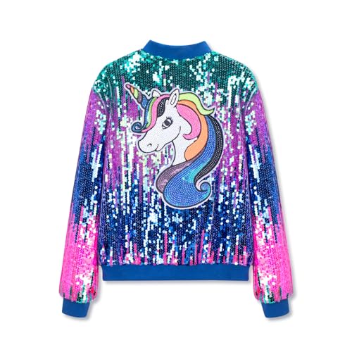 Image of WELAKEN Unicorn Sequin Jacket for Girls Kids Toddler Sparkle Zipper Bomber Jacket with Pockets
