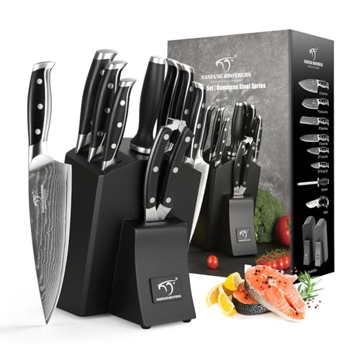 Professional Japanese Style Damascus Steel Kitchen Knife Set 9 Pieces with Wooden Block Includes Chef Knife Bread Knife Santoku Knife Utility and Paring All in a Gift Box Black