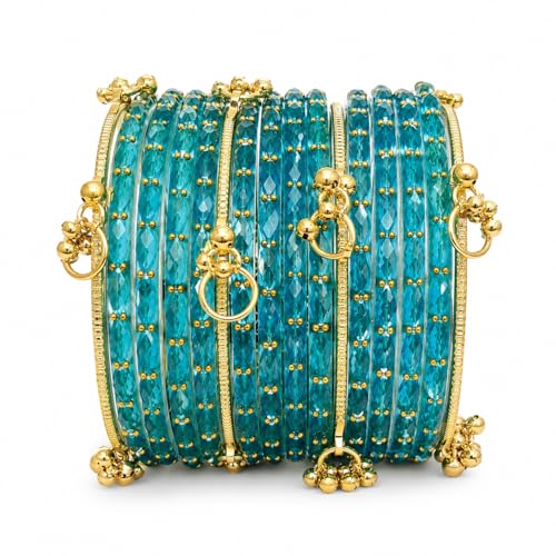 Image of Kaher Kashmiri Glass Bangle with gunghro Set for Women| Traditional, Fancy Glass Chudi Set for Festival, Wedding, and Party (Set Of 16)