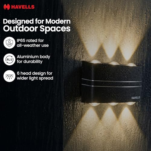 Image of Havells Brillante Outdoor Wall Washer 7W 6-Way Decorative Outdoor Light | IP65 Dust-Proof & Waterproof Outdoor Light | Colour : Warm White | Elegant 2H Wall Washer for Outdoor Spaces