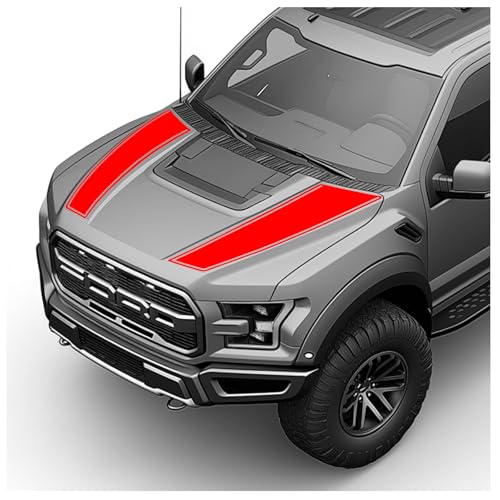 Hood Blackout Racing Stripes Vinyl Decal Sticker Kit- Compatible with Ford F150 Raptor 2014-2020 (Style 2, Red)