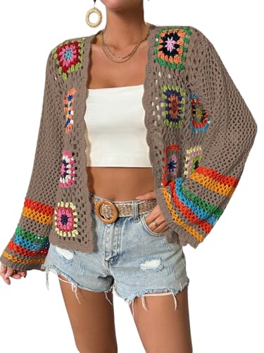 Image of SHENHE Women's Floral Crochet Cardigan Hollow Out Open Front Long Sleeve Cardigan Sweater
