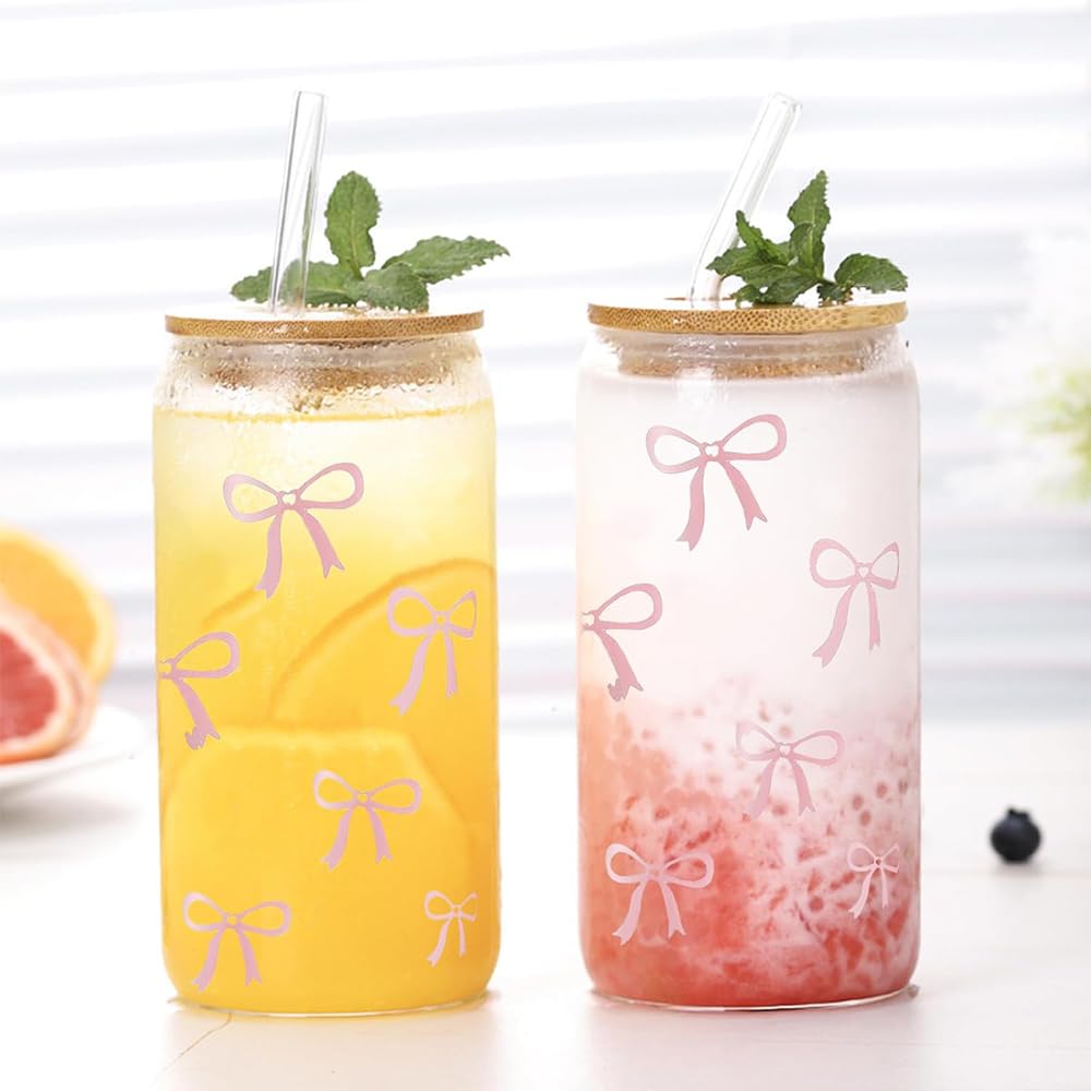 2 Stück Glas Tumbler Mit Deckel & Strohhalm - 500ml Mit Rosa Schleife - Geschenk Für Frauen