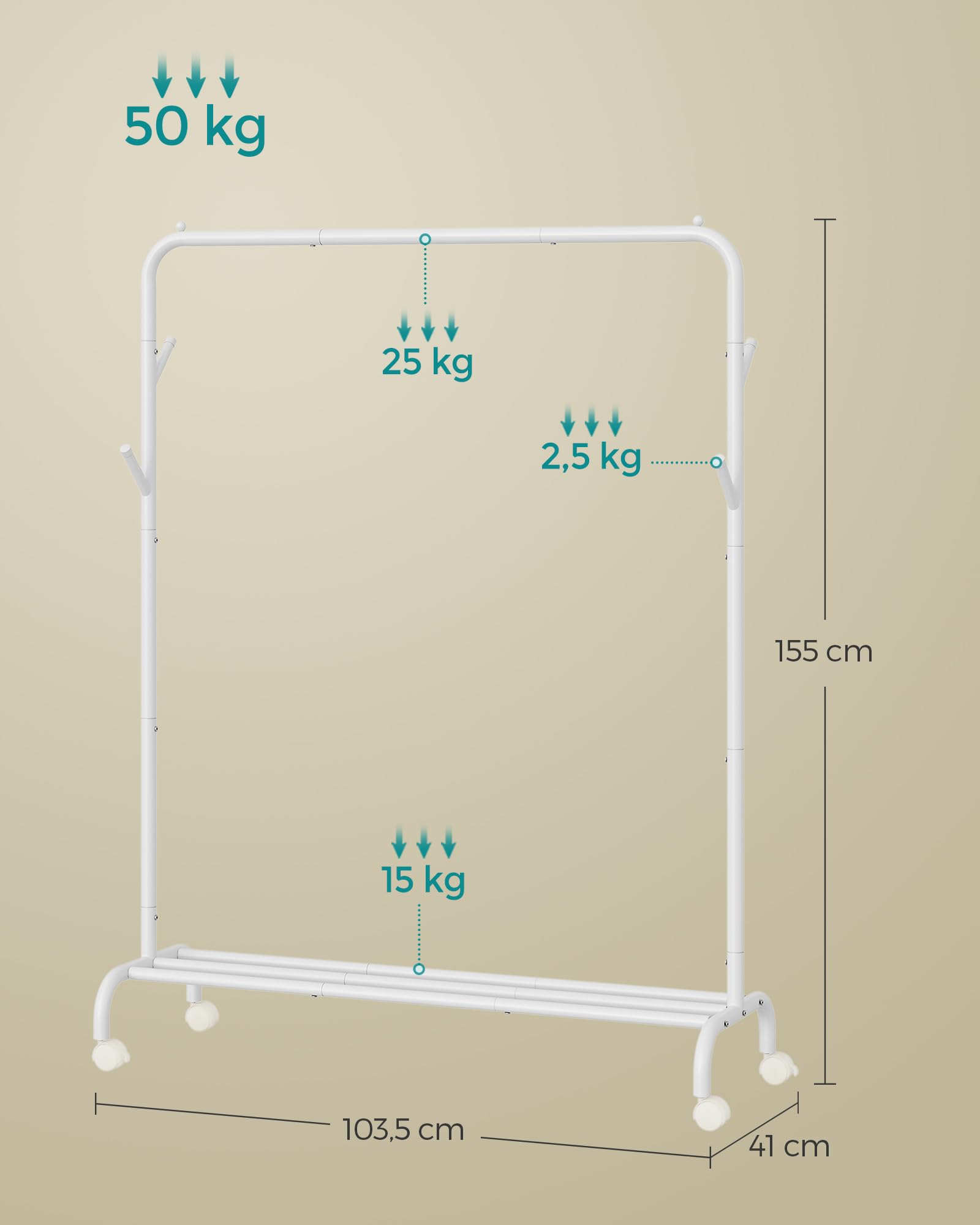 SONGMICS Appendiabiti singolo, struttura in metallo resistente, con ruote e ripiano, portata massima 50 kg, larghezza 103,5 cm, colore: bianco nuvola HSR131W01