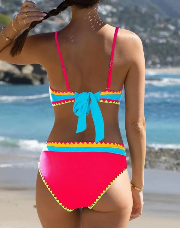 Sexybody Women's Bandeau Bikini Strapless Bikini Neon Color Block Two Piece Whip Stitch Trim Bathing Suits4