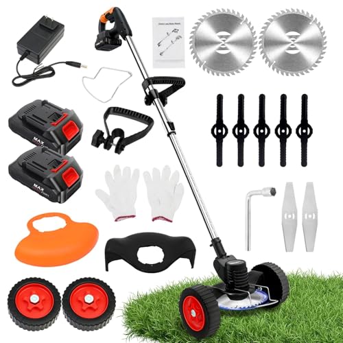 ALSO GO 21V Electric Weed Eater with Wheels,Cordless Battery Weed Wacker with Charger, 3 in 1 Brush Cutter/String Trimmer/Grass Trimmer/Lawn Mower,Edger for Garden and Yard Lawn,2 Batteries Include
