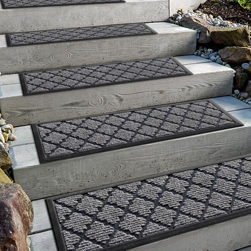 Aucuda 6er Set Stufenmatte Außen aus Gummi 76 x 22 cm Wetterfeste & rutschfeste Treppenstufen Matten Anti-Rutsch Wärmedämmung Gummimatten für Outdoor Sommer Antirutschmatten Graue Treppenmatte.
