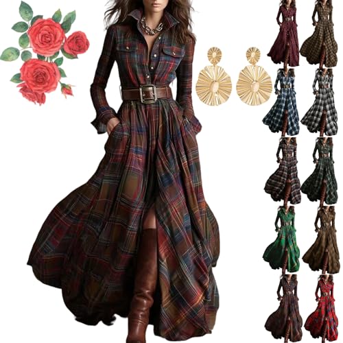 Western Dress for Women Plaid Maxi Shirt Dresses Vintage Long