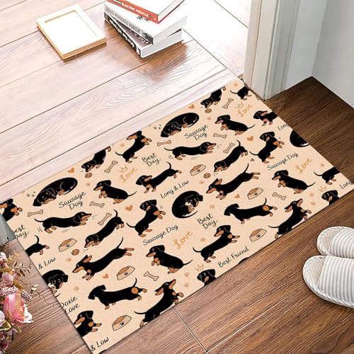 Paillasson Teckel mignon 90x150cm | Tapis d'entrée lavable et antidérapant beige et noir