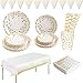 Blanches et Or Vaisselle de Fête, Tscdy lot de 127 Vaisselle Jetable Grandes Assiettes Assiettes à Dessert Gobelets Serviettes Paille en Papier Nappe pour Mariage, Noces, Noël et Fêtes(25 Invités)