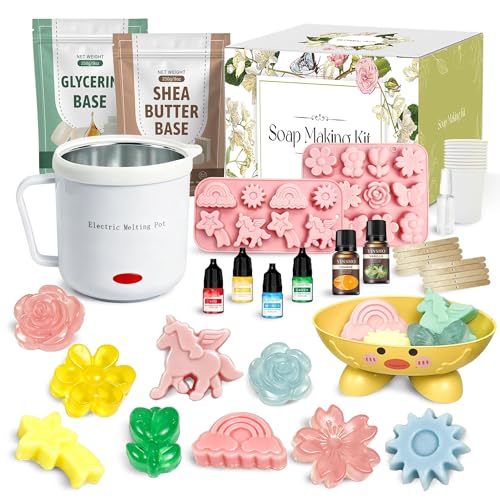 Susanou Unicorn Kids Soap Making Kit for Girls & Boys 8+ DIY Soap Kit with Unicorn Rainbow Flower Soap Molds All-Inclusive Starter Kit with Soap Melting Pot Molds 2 Essential Oils & 4 Dyes