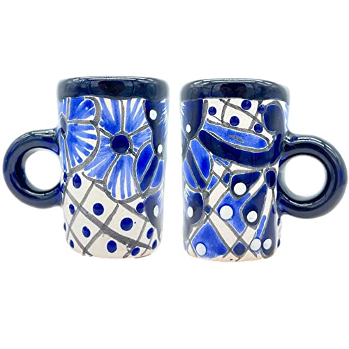 Casa Fiesta Designs Talavera Mexican Ceramic Shot Glasses With Handles, Hand-Painted In Mexico - Great For Tequila, Mezcal And Sangrita, 2 Oz Set Of 2 - Tequilero Azul Blanco Oreja #TOP17