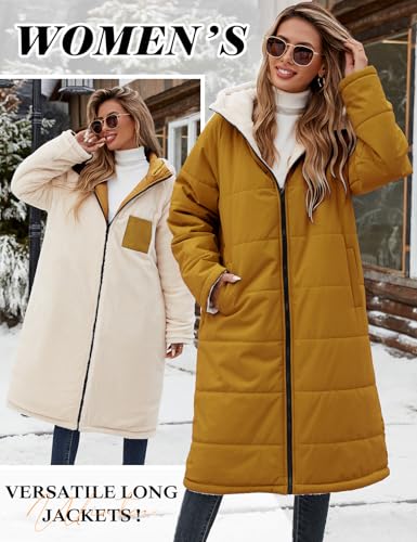 Vancavoo Wintermantel Damen Lang Winterjacke Warm Gefüttert Winterparka Winter Jacke Mantel Parka Steppmantel Daunenmantel mit Kapuze,Orange-Gelb,XL