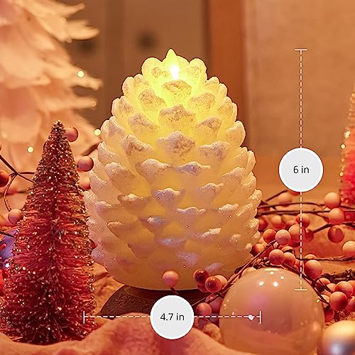 Image of Luminara Pinecone Flameless Candle White Swan Glitter and Snow Finish Pine Cone Figural, Real Wax Unscented LED Candles, Battery Operated with Timer, Holiday Decoration (4.7 inch x 6 inch)