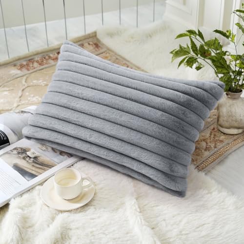 Image of decorUhome Fall Cozy Faux Fur Throw Pillow Covers 12x20 Set of 2 Decorative Soft Plush Striped Lumbar Modern Farmhouse Boho Couch Pillow Cases with Velvet Back for Sofa Bed Living Room, Grey