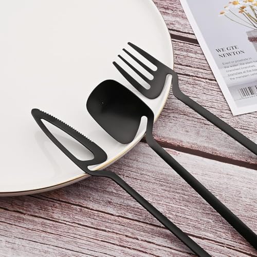 Image of Modern Stainless Steel Flatware Set - 4-Piece Unique Bent Handle Cutlery Set - Fork, Knife, Spoon & Teaspoon - Elegant Kitchen & Dining Silverware Set for Home & Restaurant (Black)