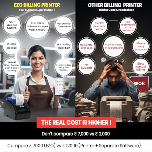 Image of EZO 58mm 2 Inch Wired Printer + Software Subscription Direct Thermal Billing Machine with USB & Bluetooth Connectivity, Software Subscription (6 Months) | 5 Rolls & QR Review Stand Included