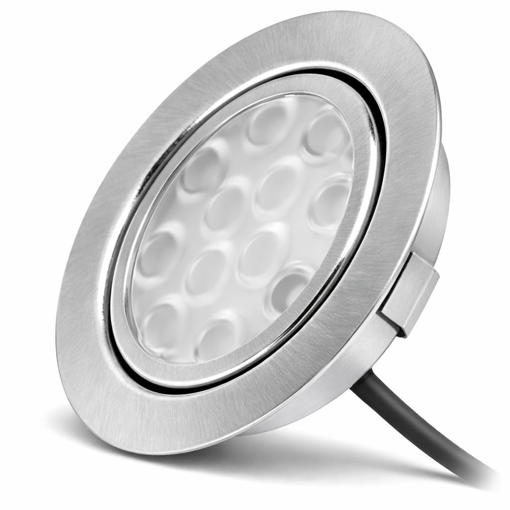 Rolux DF-1021 Einbaustrahler 2er Set LED Edelstahl gebürstet 15mm flach 3W warmweiß 3200K 200lm Bohrloch Ø 55-60mm 12V inkl. 15W LED Trafo 230V Verteiler und Eurostecker sowie 1,8m Kabel je Leuchte