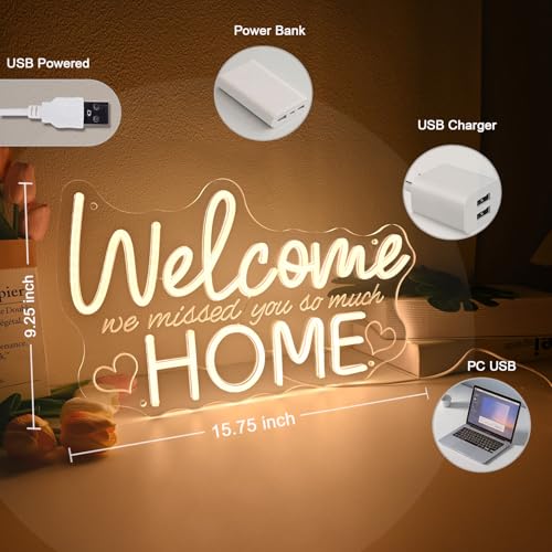 Image of Britrio Welcome Home Neon Sign Family Housewarming Sign LED Wall Decor for Military Army Homecoming, Family Party Deployment School Returning Supplies Decorations Photo Backdrop for Celebration