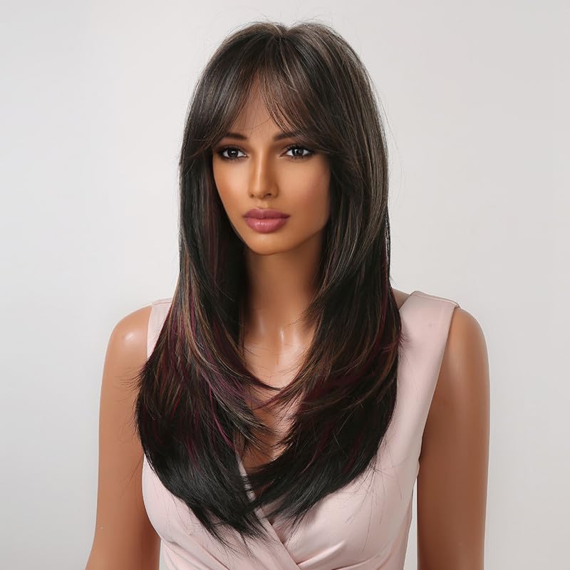 LANOVA Long Copper Red Layered Hair Wig,Auburn Red Highlighted Wigs with Curtain Bangs,Long Straight Synthetic Hair Red Full Wig LANOVA-293