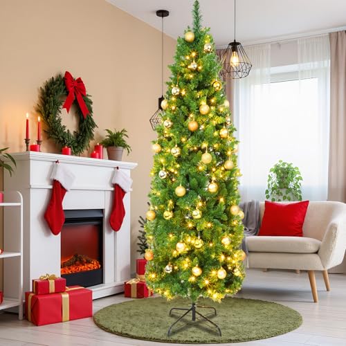 41 Pcs 7 Ft Artificial Slim Christmas Tree with 250 LED Warm White String Lights 40 Gold Ball...