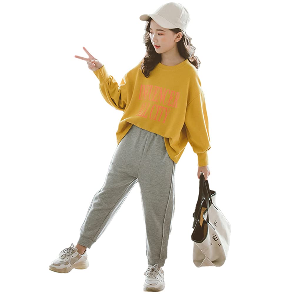 Juego de 2 chándales para niña, sudadera y pantalones, ropa para correr, juego de ropa para niños, amarillo, 146/152 cm
