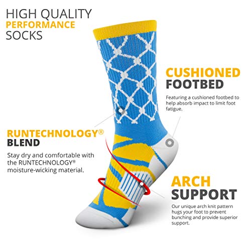 Image of ChalkTalkSPORTS Basketball Socks - Mid Calf - Hoop & Ball Blue Yellow Adult | Moisture-Wicking Performance Blend, Athletic Basketball Gear, Stay-Up Technology, Arch Support, Breathable, Boys and Men