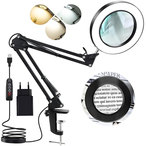 Kevsuvqin Lampe Loupe, Lampe de Bureau avec Loupe 10X et LED, LOupe Eclairante avec Pince en Métal et Bras Pivotant Réglable, 3 Modes de Couleur,10 Niveaux...