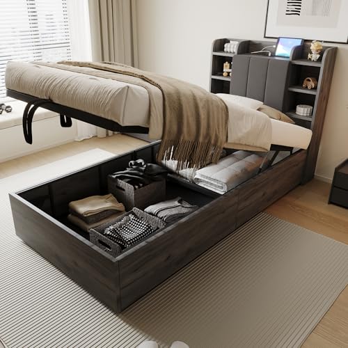 LAKFEW Cama Individual Camas Juveniles 90x200 cm con Almacenamiento Hidráulico y USB, Cama 90 Camas Individuales con Compartimentos, Marco Metálico y Listones de Madera, Gris, Sin Colchón