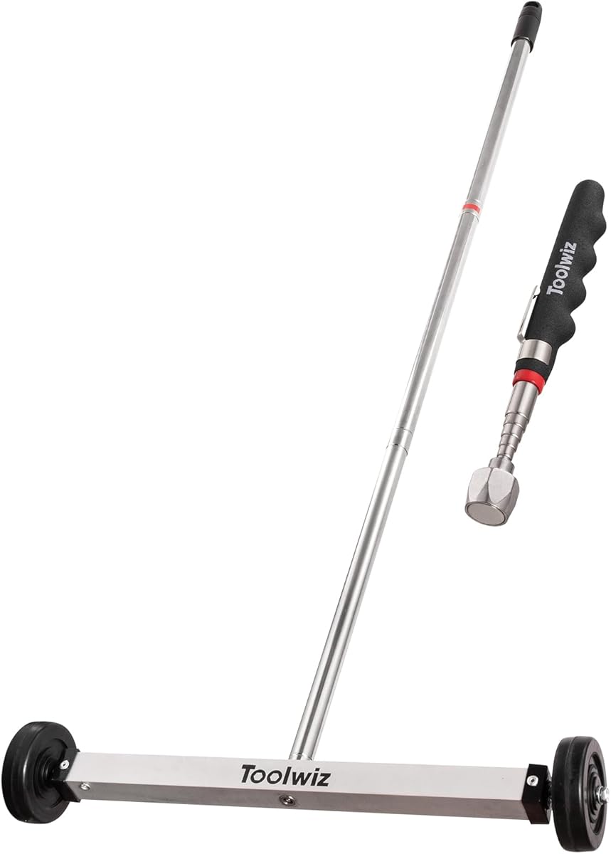Toolwiz 17" Rolling Magnetic Sweeper 8.8lbs, with 16 lbs Telescopic Magnetic Pick Up Tools –Lightweight Pick-up Sweeper with Wheels for Nails, Screws & Metal Debris Home Use Workshop Garage