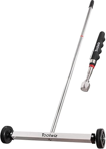 Miniatura 13 de Toolwiz - Escoba magnética de recogida con ruedas, imán grande de 24 pulgadas, herramienta de limpieza de césped, herramientas para techado, 14,9