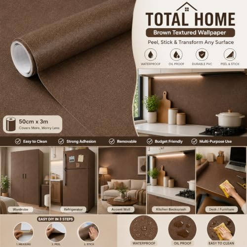 Image of TOTAL HOME Brown Textured Wallpaper for Wall & Furniture | Self Adhesive, Waterproof, Oil Proof PVC Peel and Stick Contact Paper for Almirah, Cupboard, Wardrobe, Bedroom, Living Room (60cm x 3m)