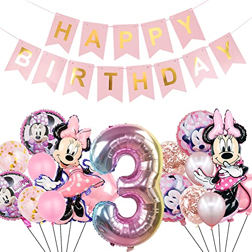 Minnie Cumpleaños Decoracion, 3 Año Minnie Temáticas Fiestas Globos, Decoracion Cumpleaños Niña Cumpleaño Fiestas Suministros Globo Número 3 Cumpleaños Bandera para Baby 1er Cumpleaños Decoracion Cover