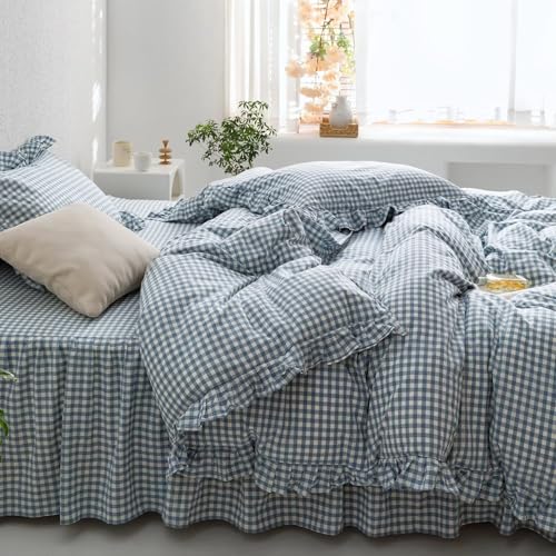 Image of MKXI Blue and White Gingham Duvet Cover Queen Size, 3-Piece Bedding Set with Ruffles - 100% Soft Washed Cotton, Crisp Breathable - Nautical Coastal Classic Style Comforter Cover